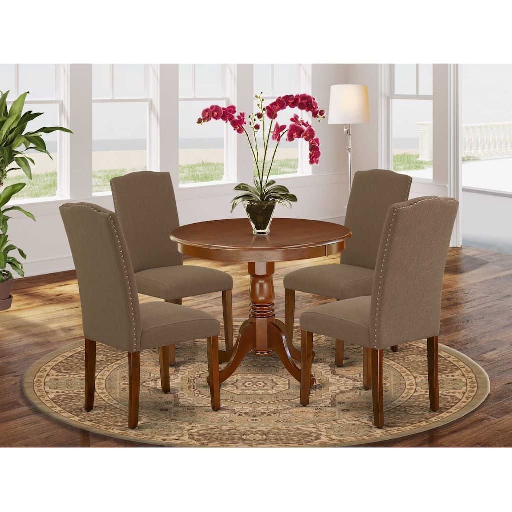 HomeStock 5-Piece Round Mahogany Finish Solid Wood Top Dining Table with 4 Parson Chair with Lattice Back