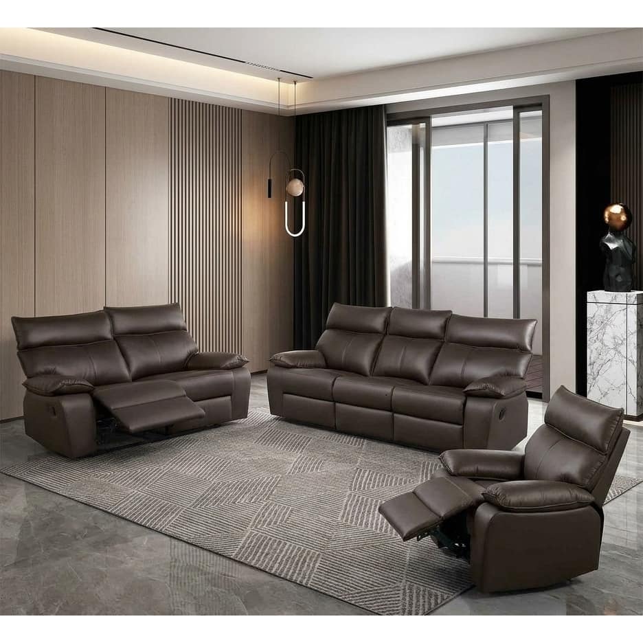 Contemporary Brown Finish Living Room Sofa Recliner Set Pillow Top Arms