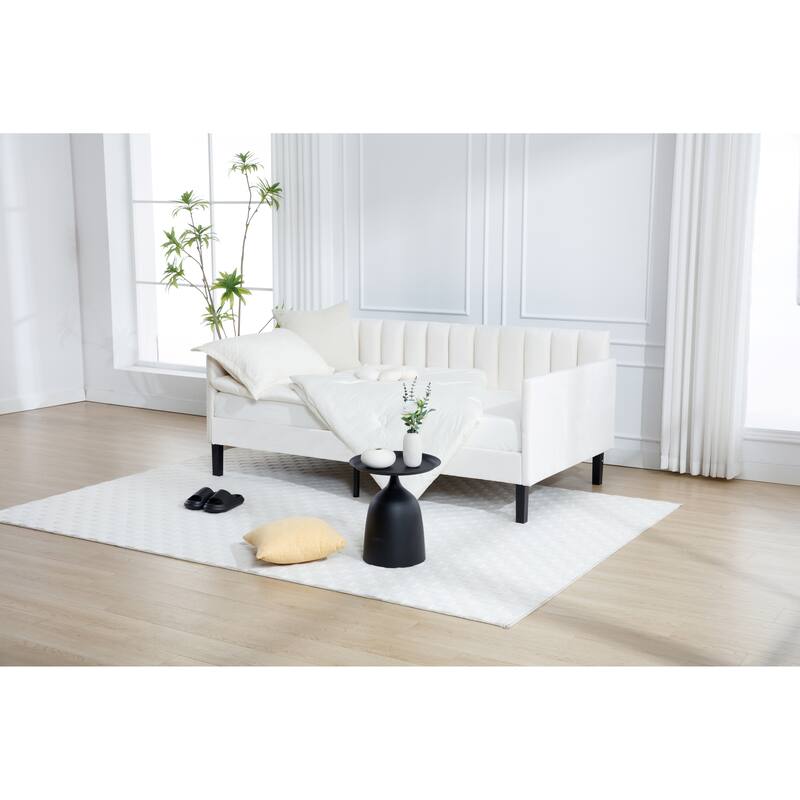 Twin Size Beige Velvet Upholstered Daybed with Tufted Backrest & Foam Comfort