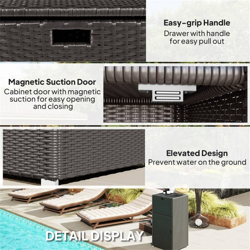 Dark Brown Large Waterproof PE Wicker Outdoor Rattan Storage Cabinet with Drawer and Magnet-Sealed Doors