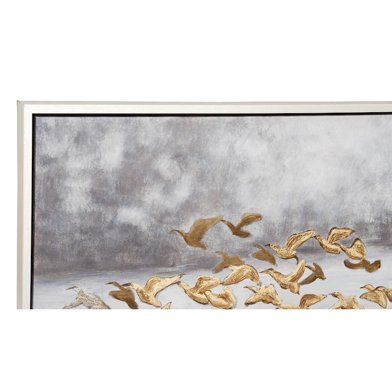 Canvas Bird Framed Wall Art with Silver Frame - Gold - Roche River Decor