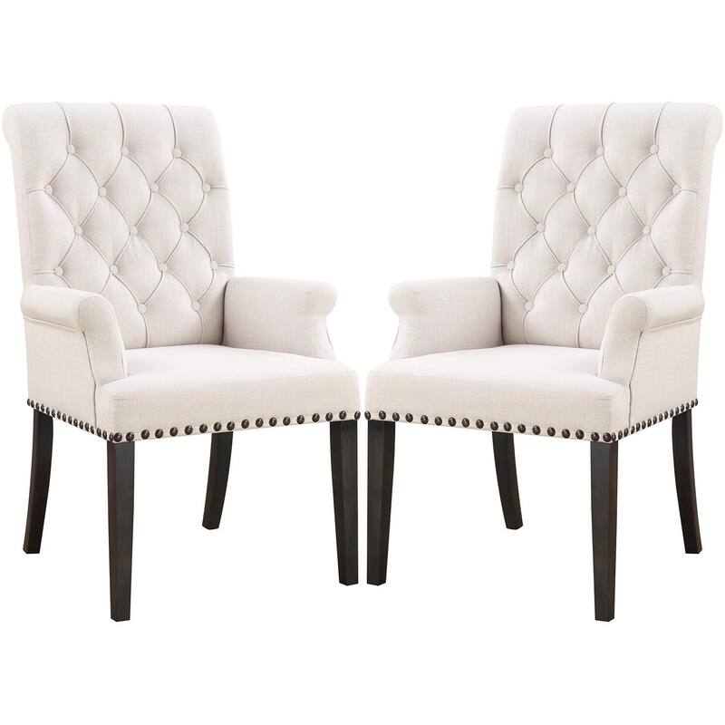 Rolled Back Design Button Tufted Beige Dining Arm Chair with Nailhead Trim - Set of 2