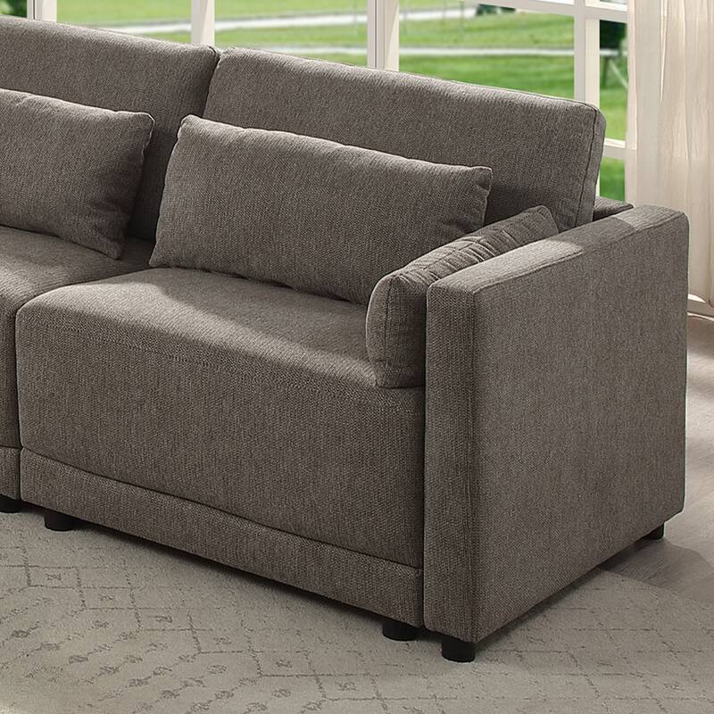 Upholstered Modular Right Facing Armchair with 2 Pillows in Brown