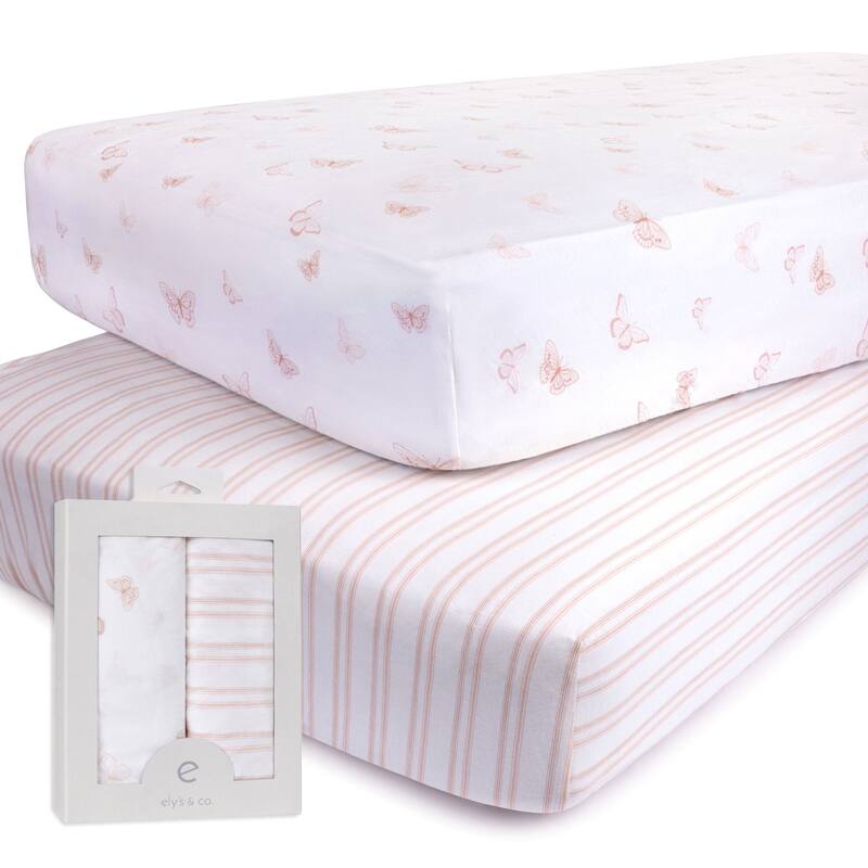 Ely's & Co. Baby Fitted Crib Sheet Set - 2 Pack - 28" x 52" - Pink Butterfly & Stripe