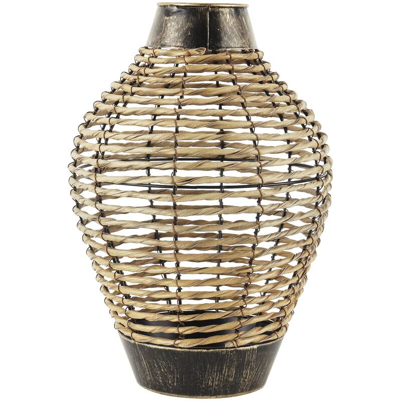 Plastic Rattan Handmade Twisted Decorative Vase with Open Frame Design and Bronze Metal Details - Bronze - Roche River Decor
