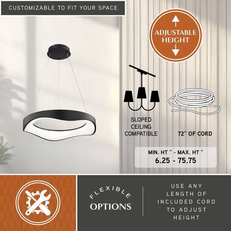 Bowen 1-Light Black Contemporary Round Chandelier, White Frosted Shade, LED Pendant Fixture Dining Table Entryway Island
