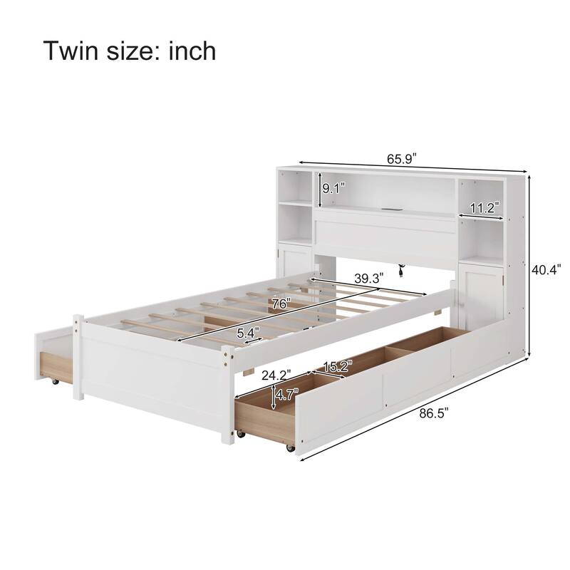 Storage Bed with Tall Bookcase Headboard, 6 Drawers & Charging Station