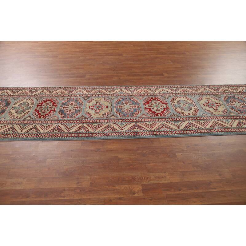 Light Blue Kazak Runner Rug Handmade Oriental Wool Carpet - 2'9" x 12'3"