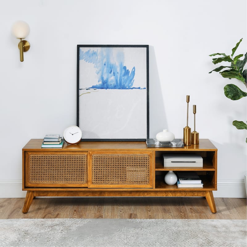 Mid Century Modern Rattan TV Stand for 65 Inch TV, Entertainment Cabinet, Media Console