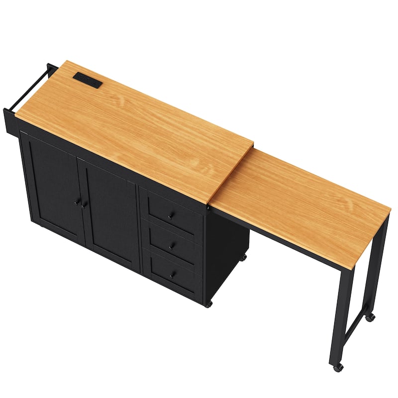 Extendable Dining Table, Rolling Kitchen Island with Power Outlet, Kitchen Storage Cabinet with Adjustable Shelve