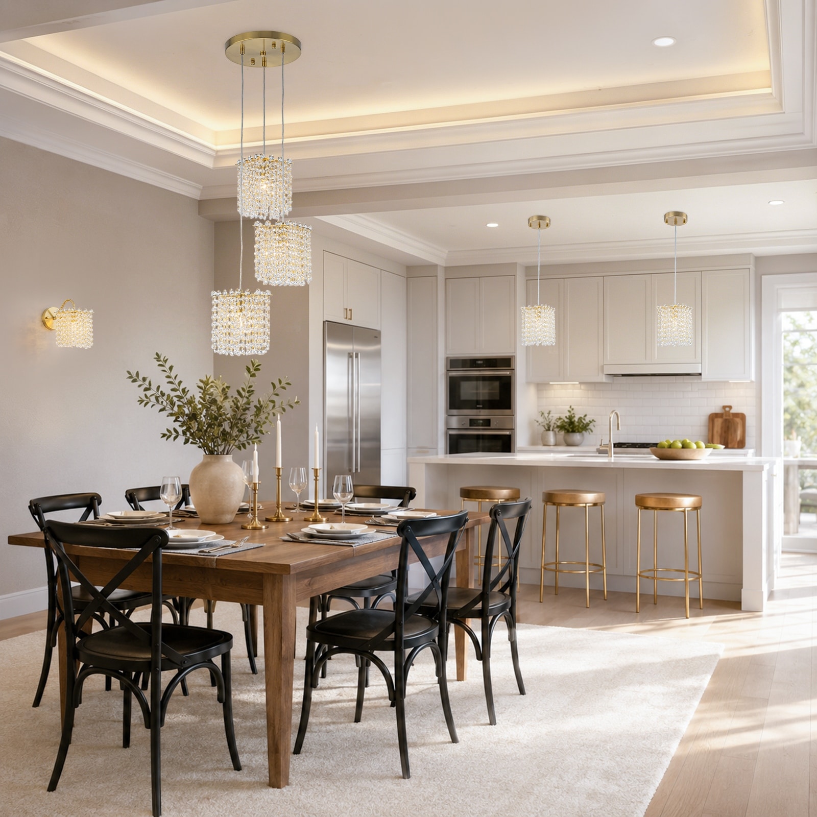 3-Light Modern Gold Pendant Light Crystal Hanging Chandelier Kitchen - Dia.15.75inch