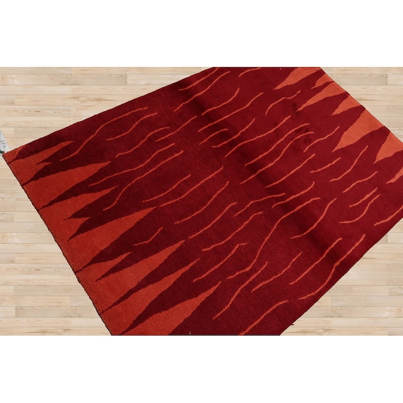 Hand Knotted Tibetan Red,Peach Persian Wool Modern Oriental Area Rug - 4' x 5' 10''