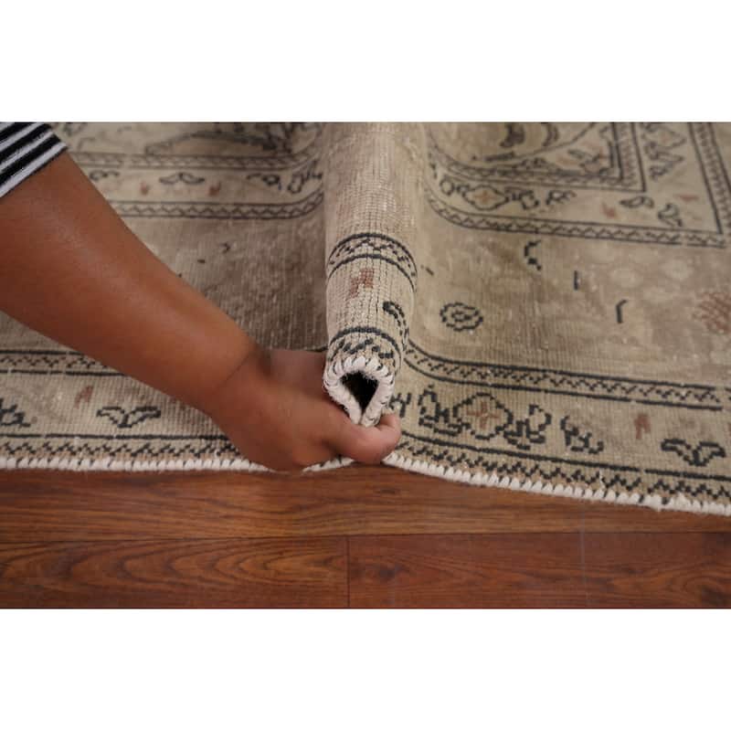 Distressed Tabriz Vintage Persian Rug Hand-Knotted Beige Wool Carpet - 6'6" x 9'11"