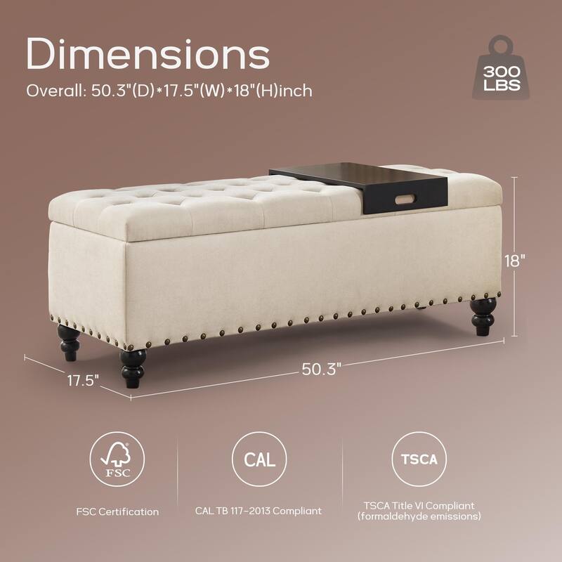 50-inch Button-Tufted Storage Bench Ottoman with Removable Tray for Living Room Bottom rivets design