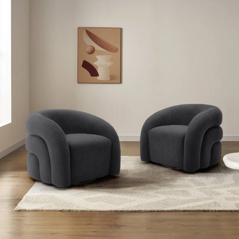 Set of 2 Boucle Upholstered Swivel Accent Barrel Chairs