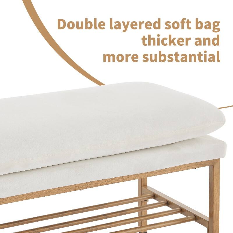End of Bed Bench with Shelf, Linen Upholstered Storage Shoe Bench,Bedroom Bench with Metal Legs,300 LB