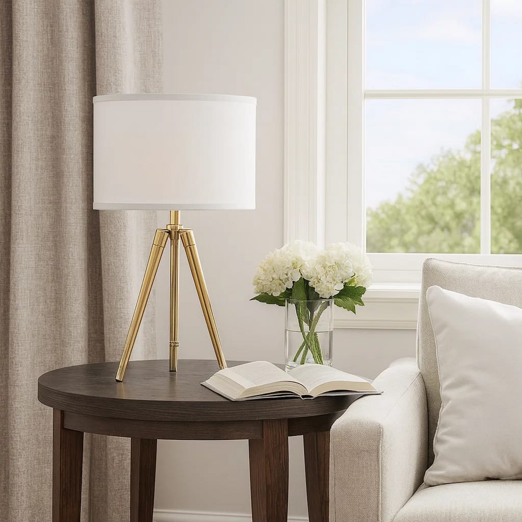 Kera Table Lamp, White Drum Shade, Brass Gold Tripod Base 39 Inch