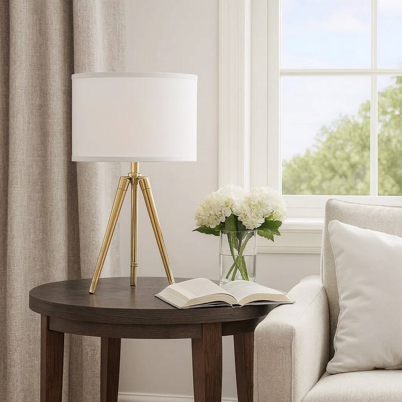 Kera Table Lamp, White Drum Shade, Brass Gold Tripod Base 39 Inch