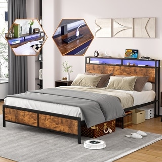 Rustic Brown Full Size Metal Industrial Bed Frame with LED Lights and USB Ports
