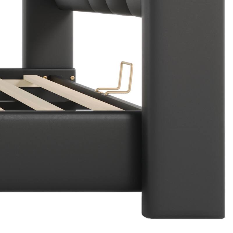 PU Leather Upholstered Bed Wingback Bed, Platform Bed Frame with Wave-Shaped Headboard & Footboard