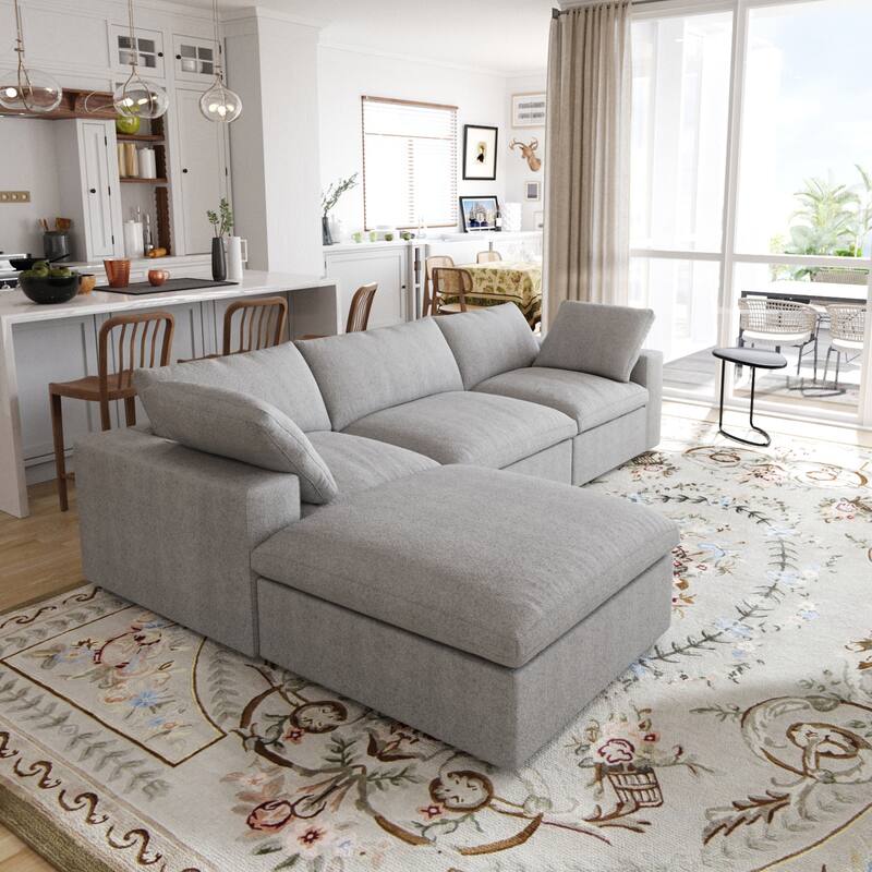 L-shape Linen Sectional Sofa Upholstered Sofa Multiple Cushions Couch with Storage Ottoman - Grey
