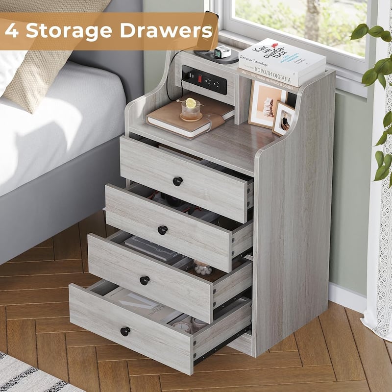 Nightstand with Drawers Charging Station End Side Table with Hutch
