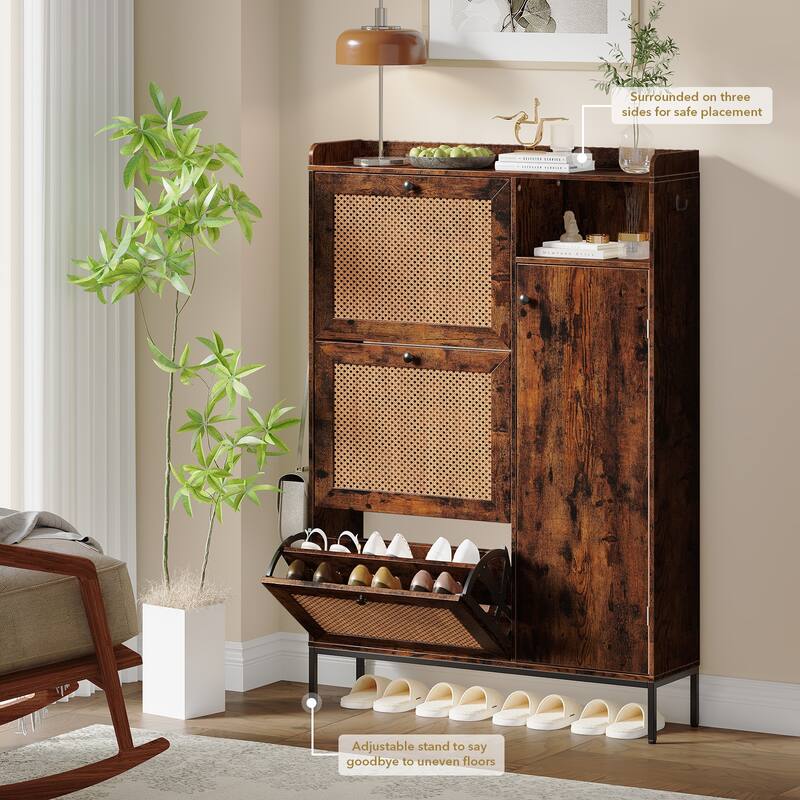 Shoe Cabinet, Natural Rattan Freestanding Shoe Organizer with 3 Flip-out Drawers and 4 Open Shelves Side Cabinet