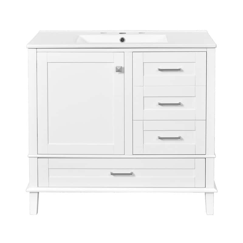 Contemporary 36-inch White Bathroom Vanity Cabinet with a Sturdy Pine Frame, 1 Soft Close Door and 3 Drawers. - White