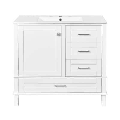 Contemporary 36-inch White Bathroom Vanity Cabinet with a Sturdy Pine Frame, 1 Soft Close Door and 3 Drawers.