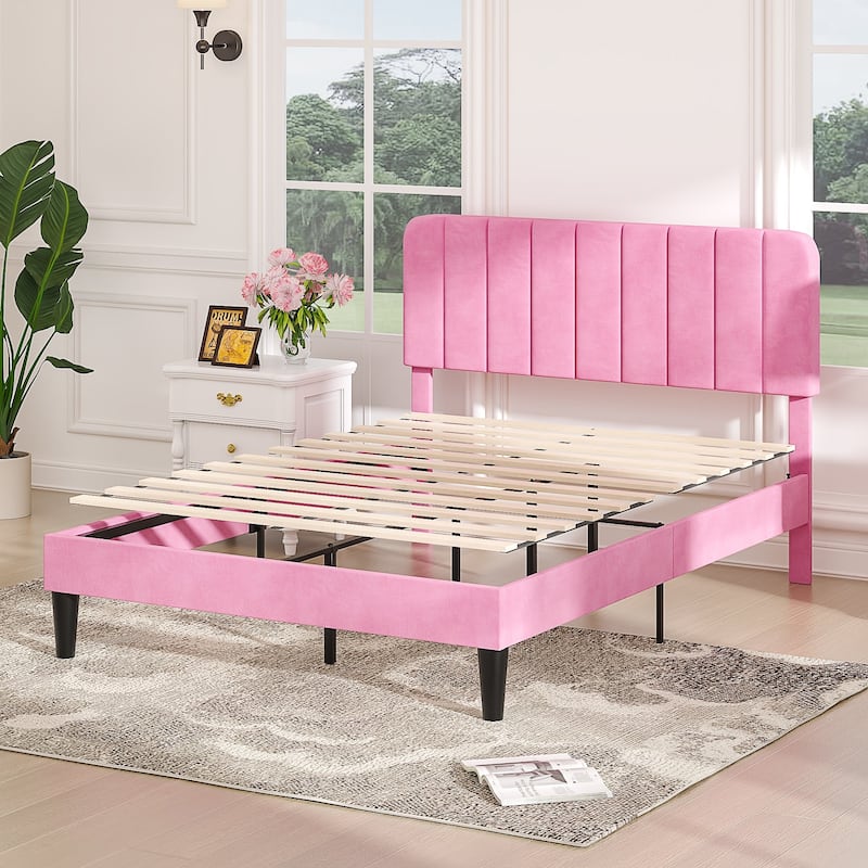 VECELO Velvet Upholstered Bed Frame with Vertical Channel Tufted Headboard, Adjustable Headboard, Wooden Slats Support