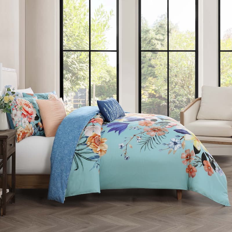 Bebejan Turquoise Reverie 100% Cotton Sateen 5 Piece Reversible Comforter Set