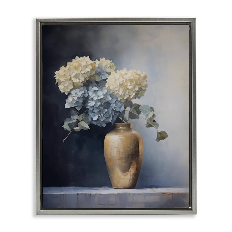Stupell Subtle Hydrangeas in Vase Framed Floater Canvas Wall Art Design By Arlington Prints - 25 x 31 - Grey