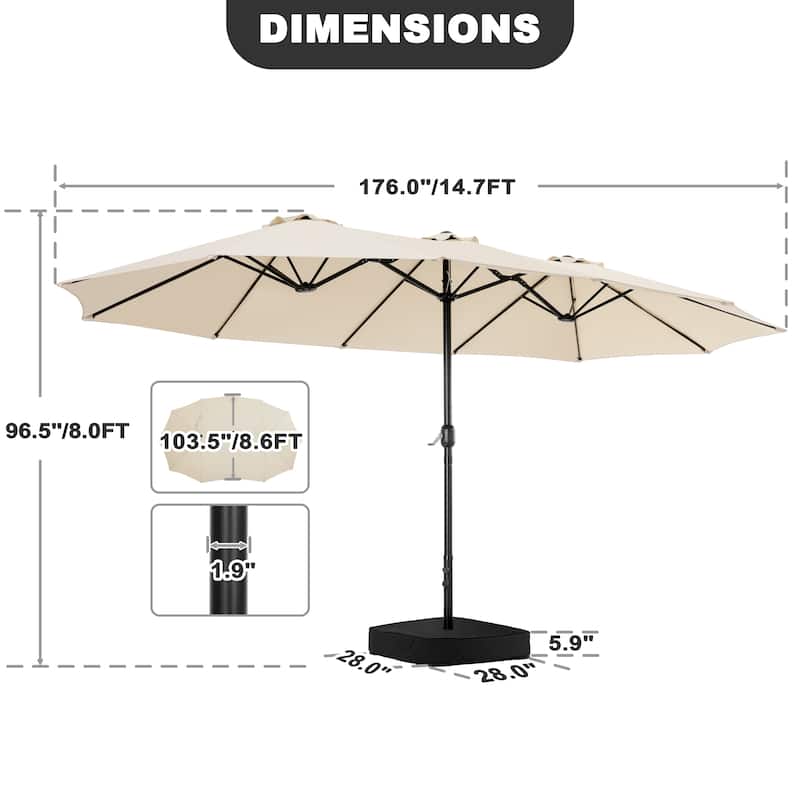 15FT Double-Sided Patio Umbrella with Umbrella Base and 2 Sandbags