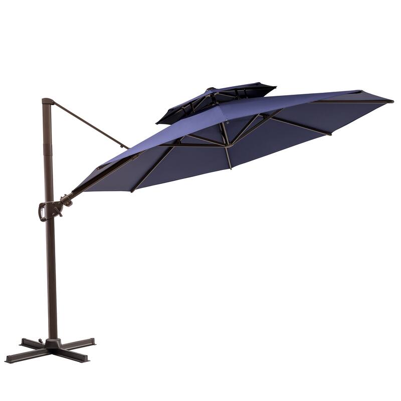 11 ft Outdoor Aluminum Dual Top Solar Powered LED Lighted Patio Cantilever Umbrella and Weighted Base