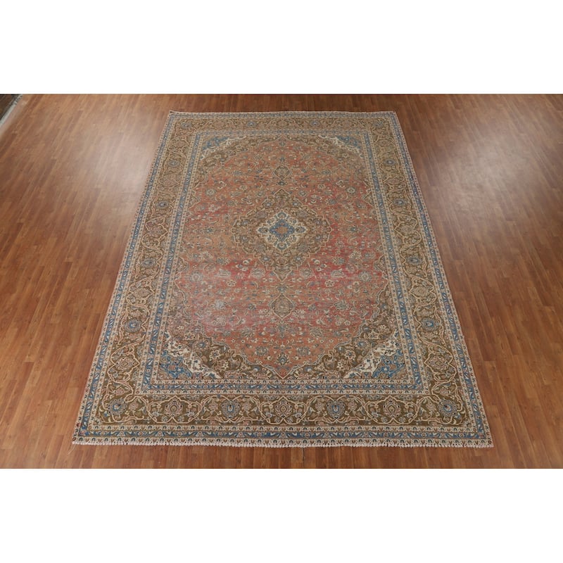 Distressed Mashad Vintage Persian Area Rug Hand-Made Wool Carpet - 9'7" x 13'2"