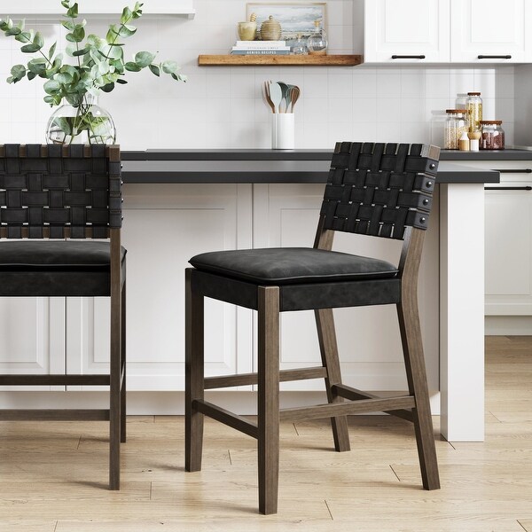 Nathan James Cohen Faux Leather Counter or Bar Height Stool Solid Wood Frame with Footrest and Woven Leather Back On Sale Bed Bath Beyond 37454454