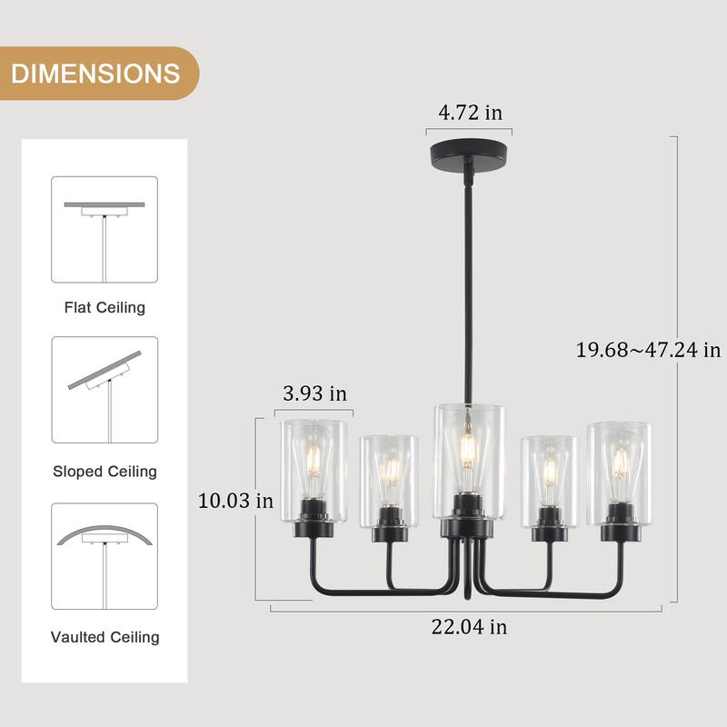 5-Light Hanging Linear Chandelier Lighting Fixture Foyer Pendant with Glass Shade for Kitchen Island