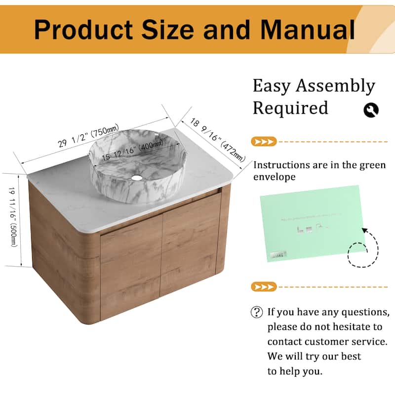 Malwee 24"/30" Floating Bathroom Vanity, Wall Mounted Bathroom Vanity with Ceramic Sink and Soft Close Door