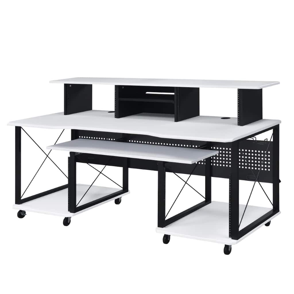 72 Inch Music Desk Workstation, Crossed Metal Panels, Keyboard Tray, White