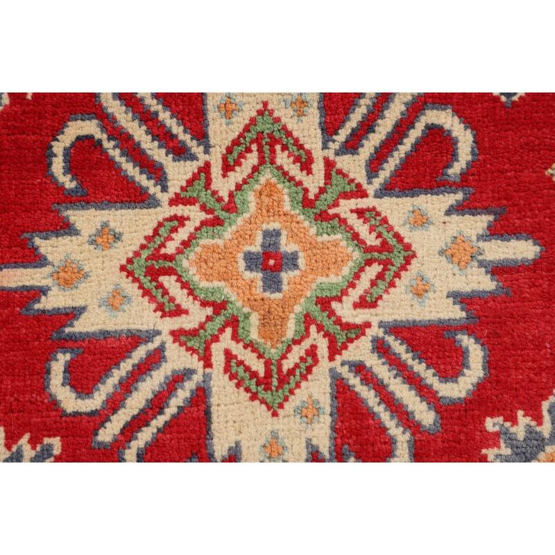 Geometric Red Kazak Foyer Rug Hand-Knotted Oriental Wool Carpet - 2'7" x 4'3"