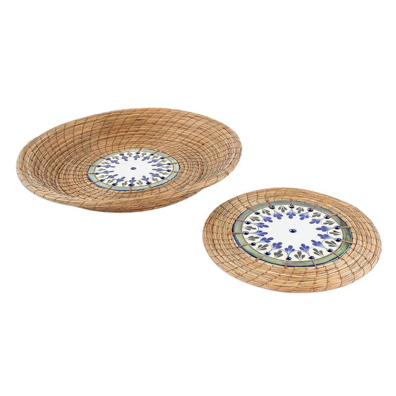 Novica Handmade Natural Beauty Pine Needle And Ceramic Basket And