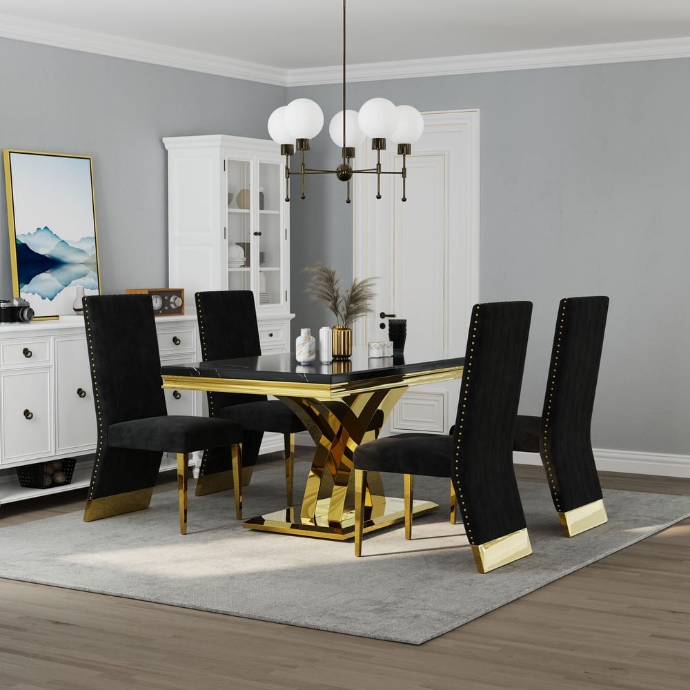 Stylish Modern X Cross Base Dining Room Table Set with Gold Dining Chairs