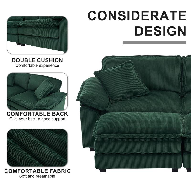 84.6" Corduroy 2-seats sofa With 2 back pillows,2 toss pillows and two ottoman