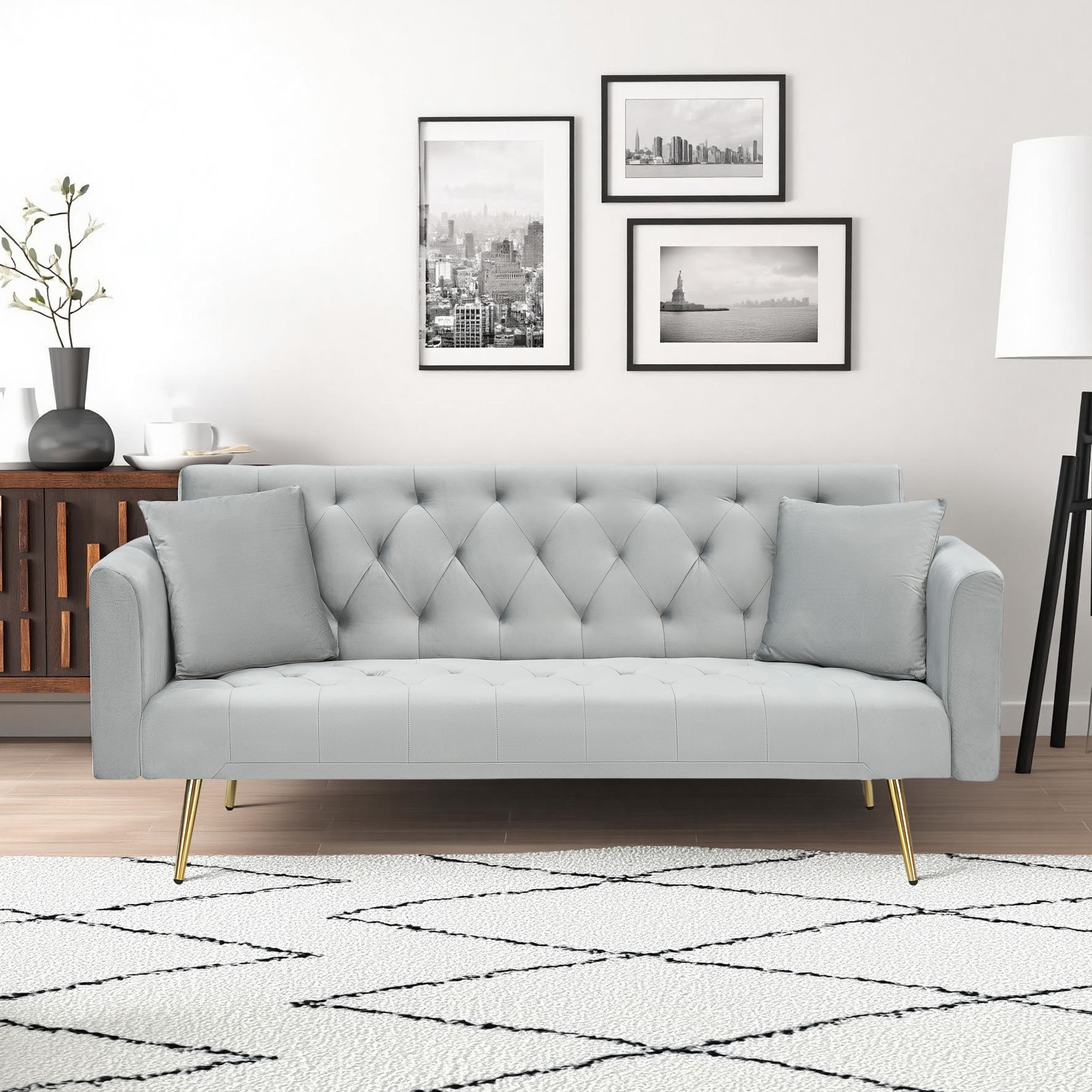 Tufted Velvet Sofa Bed, Rolled Arm Convertible Couch with Gold Legs