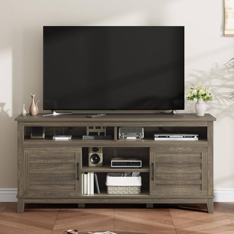 63 in TV Entertainment Center with Adjustable Shelves Stand for Living Room, Bedroom - N/A - Grey
