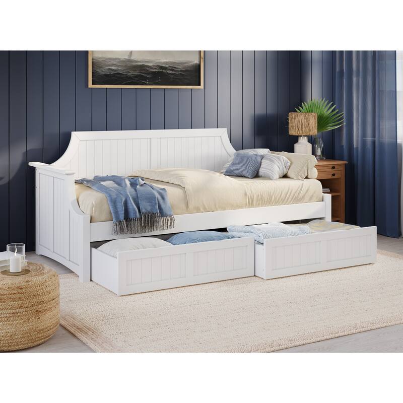 Seaside Style Daybed with Drawers - Twin Wood Daybed, White, Curved Back - 79.5" L