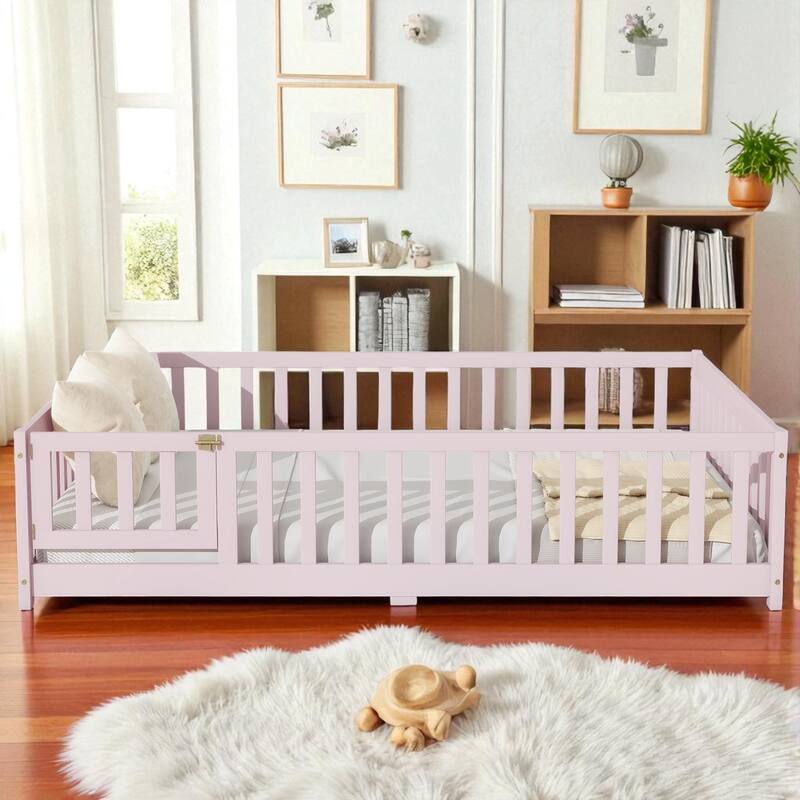 Full Size Rubber Wood Floor Bed with Fence, Door and Safety Guardrails for Kids - Pink - Full