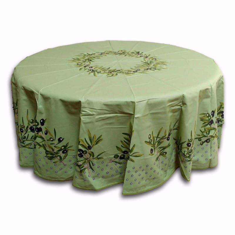 Wipeable Spill Resistant Provencal Cotton Cannes Collection Tablecloth - 71-in Round - Dark Green Olives