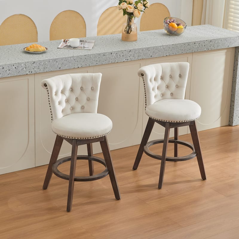 360° Swivel Bar Stools Set of 2 Velvet Upholstered Counter Stools for Kitchen with Tufted Button Back and Nailhead Trim