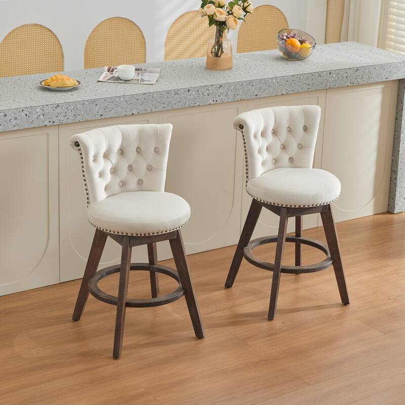 Velvet Upholstered Counter Height Bar Stools Set of 2, Tufted Button Swivel Bar Stools, Kitchen Counter Stools with Wood Legs